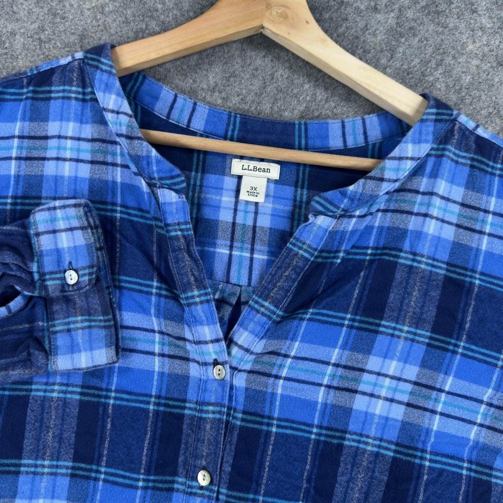 L.L.Bean Flannel Shirt Womens 3X Plus Blue Plaid V Neck Button Tunic Long Sleeve
